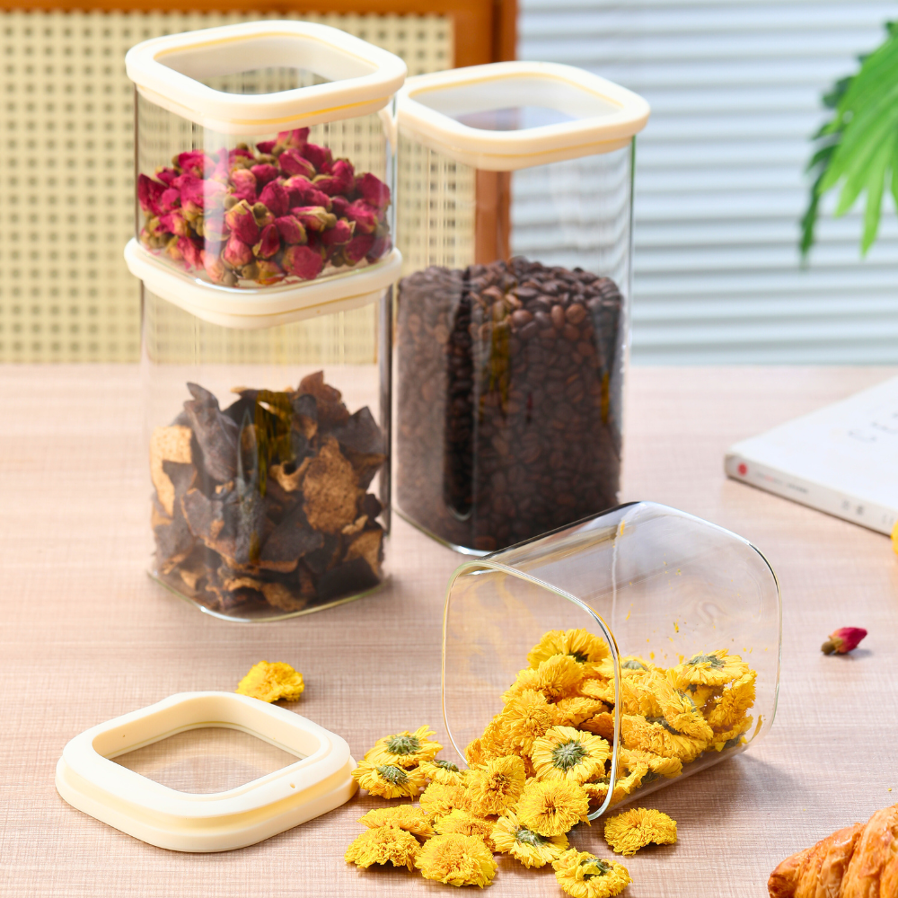 1CHASE Square Glass Storage Jars – Set of 4 (900ML, 1100ML, 1500ML, 1800ML) | Airtight & Stackable Borosilicate Food Storage Jars with Silicone Lids for Kitchen, Pantry, Snacks, Spices & Dry Food