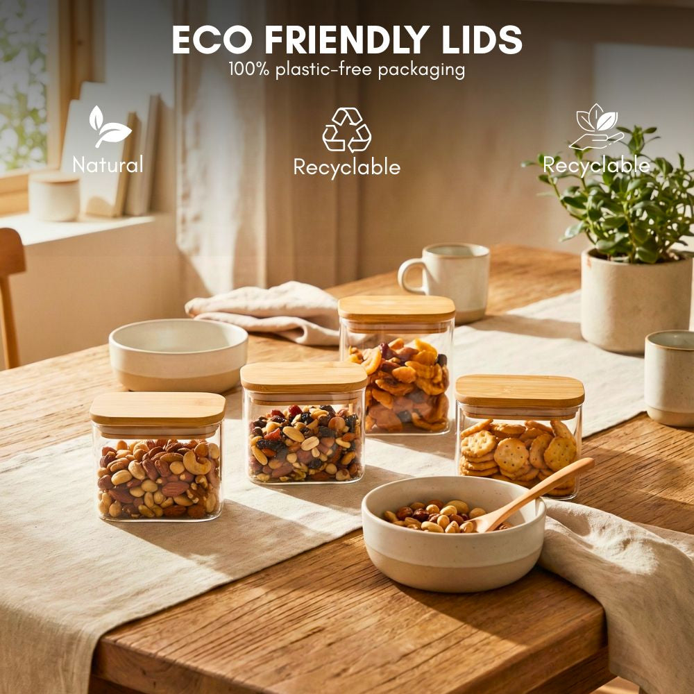 Rectangle Glass Storage Containers with Bamboo Lids – Set of 4, 900ml Borosilicate Glass Jars for Pantry Storage, Airtight Food Containers for Sugar, Coffee, Pasta, Tea, Candy & Nuts