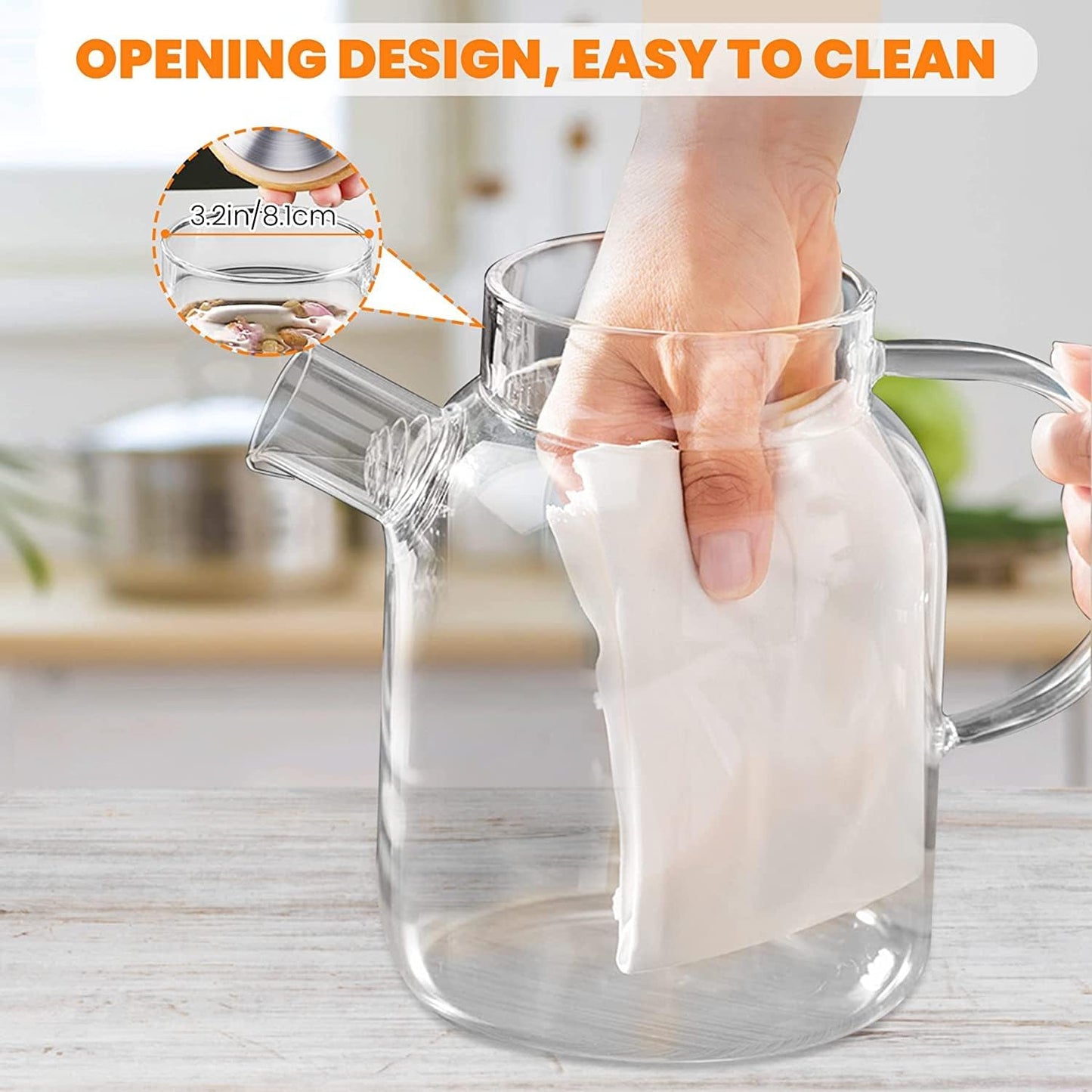 1CHASE Borosilicate Glass Teapot with Bamboo Lid and Removable Infuser, Perfect for Loose Leaf and Blooming Tea 1600ML