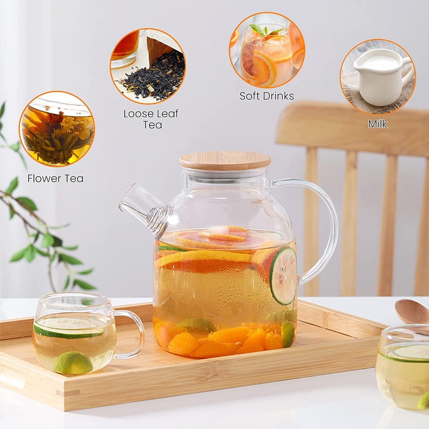 1CHASE Borosilicate Glass Teapot with Bamboo Lid and Removable Infuser, Perfect for Loose Leaf and Blooming Tea 1600ML