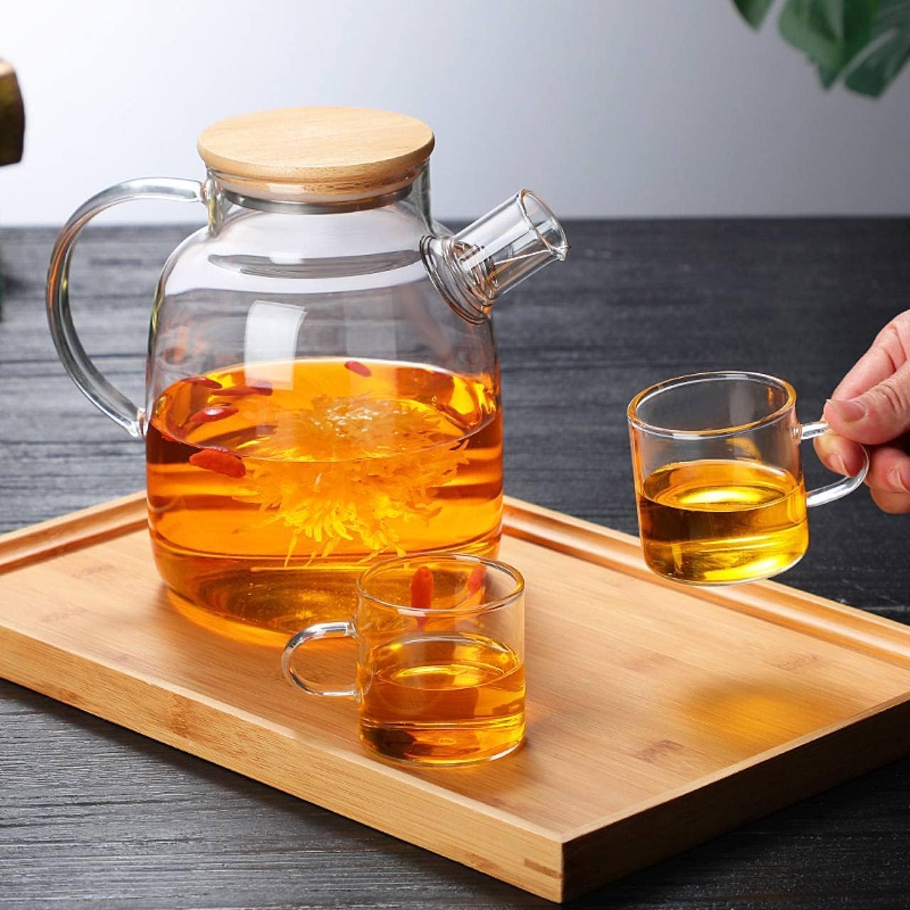 1CHASE Borosilicate Glass Teapot with Bamboo Lid and Removable Infuser, Perfect for Loose Leaf and Blooming Tea 1600ML