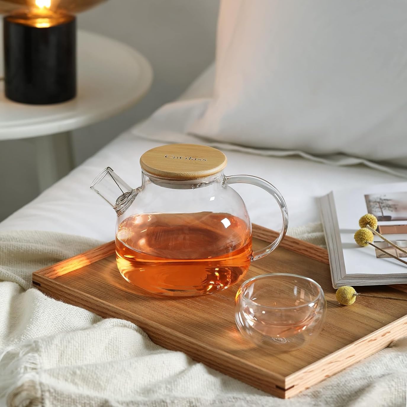 Borosilicate Glass Teapot with Bamboo Lid 1000 ML with Tea Warmer and 80 ml Double Wall Glass 6 Pc Set for Blooming Tea, Flower Tea, Loose Leaf Tea, Espresso, Tea, coffee…