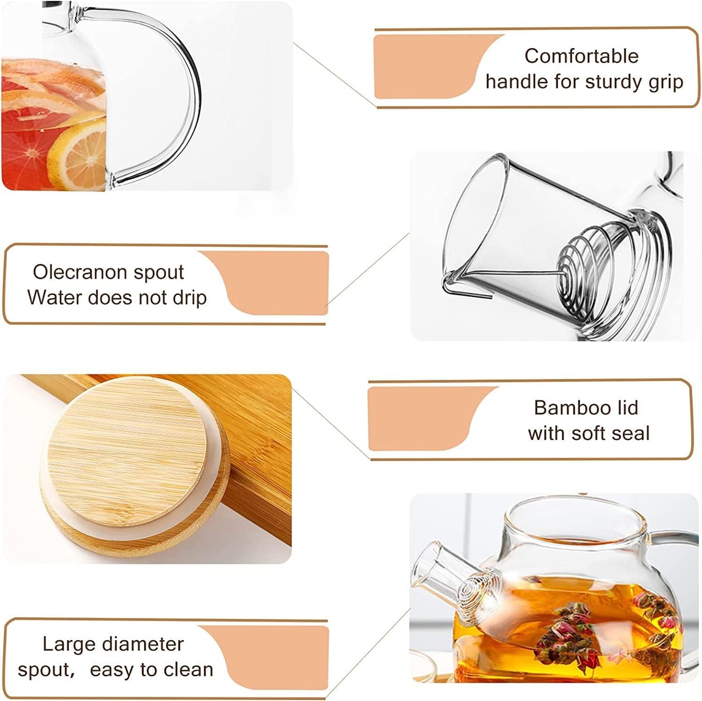 1CHASE Borosilicate Glass Teapot with Bamboo Lid and Removable Infuser, Perfect for Loose Leaf and Blooming Tea 1600ML