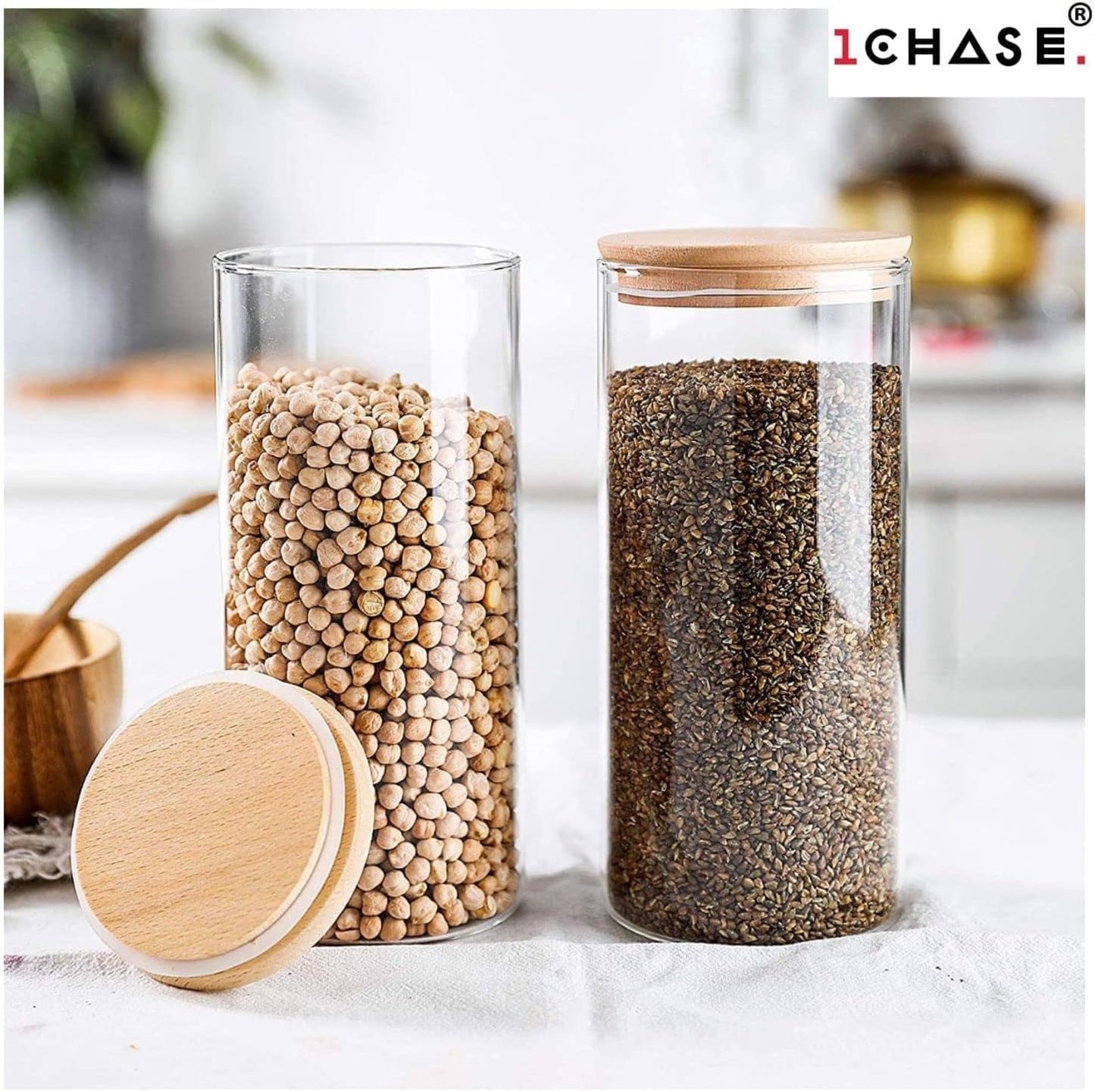 1CHASE® Borosilicate Glass Food Storage Jars, Air Tight Kitchen Food Storage Container Set with Natural Bamboo Lids / 3 pcs Spoon for Candy Cookie Rice Sugar Flour Pasta Nuts,1200 ML 3Pcs Set (3)