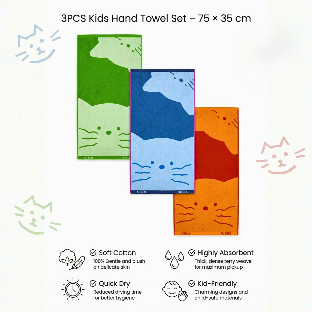 Kids Hand Towel Set 3PCS – 100% Cotton Soft & Absorbent Face Towels, Cute Cat Design Bathroom Towels for Baby, Kids, School & Daily Use