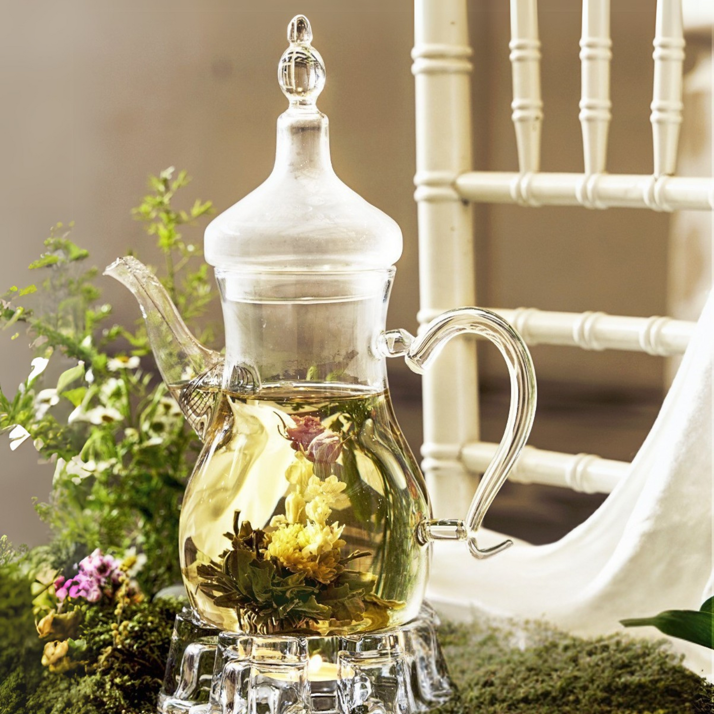 1Chase Arabic Style Glass Dalla Teapot 1000ml - Heat-Resistant Borosilicate, Transparent with Spout - Traditional Coffee & Tea Kettle for Ramadan, Arabic Coffee, Blooming & Loose Leaf Tea, Elegant Gift