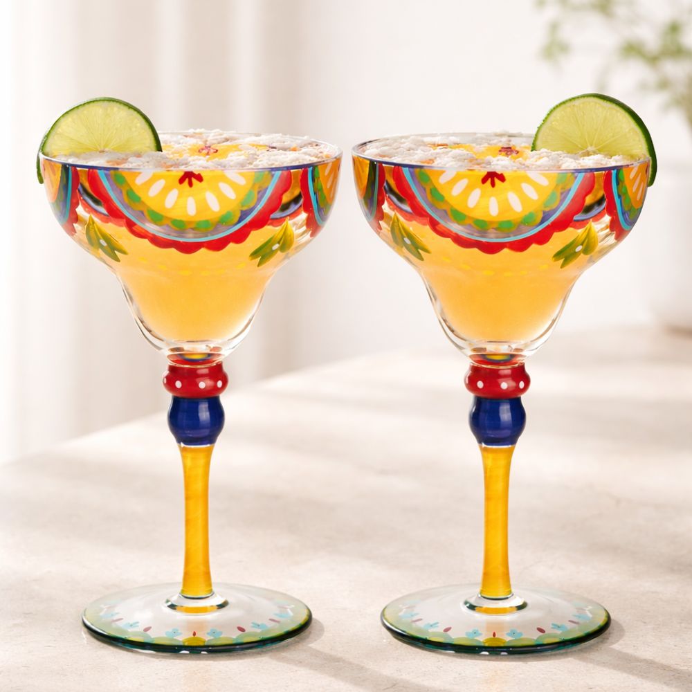 Hand Painted Margarita Glasses Moroccan Collection, Orange Blossom Design 270ML Set of 2, Artisan Decorative Cocktail Glassware, Unique Kitchen Table Décor Glasses