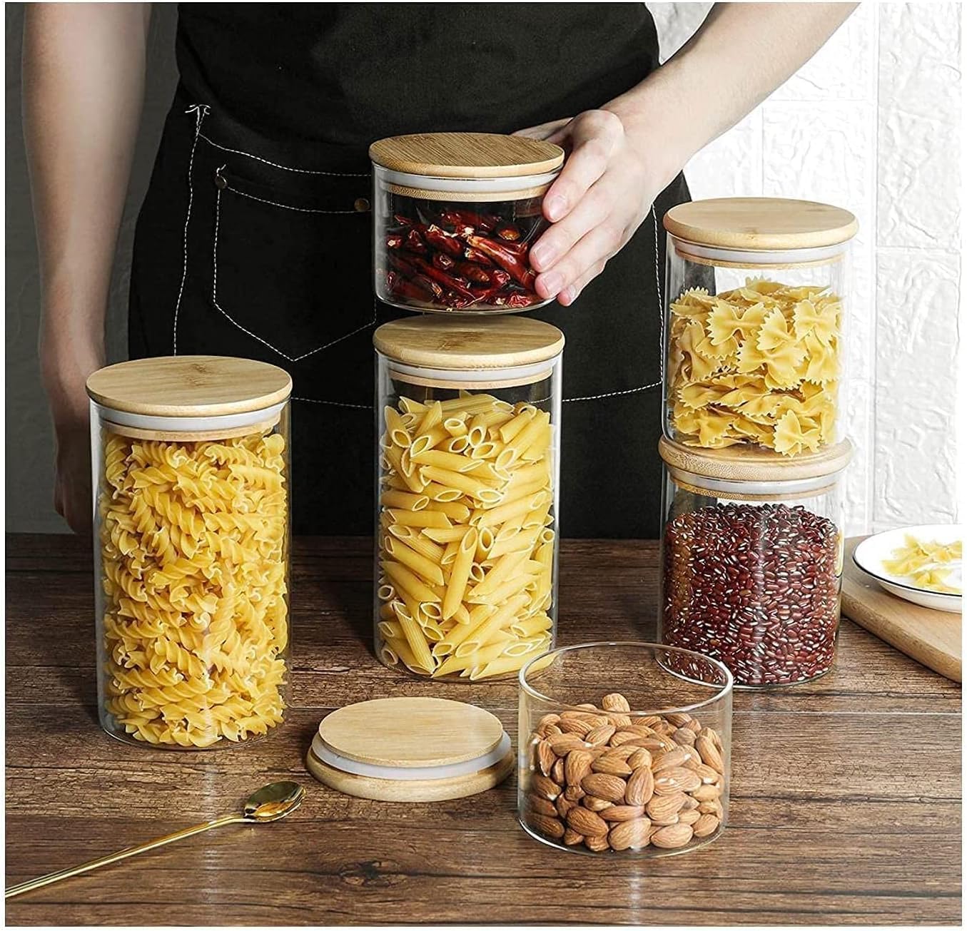 1CHASE® Borosilicate Glass Food Storage Jars, Air Tight Kitchen Food Storage Container Set with Natural Bamboo Lids / 3 pcs Spoon for Candy Cookie Rice Sugar Flour Pasta Nuts,1200 ML 3Pcs Set (3)