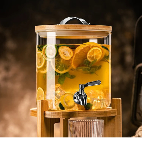 Borosilicate Glass Drink Dispenser with Spigot and Wooden Stand