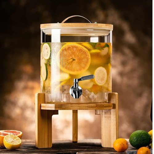 Borosilicate Glass Drink Dispenser with Spigot and Wooden Stand
