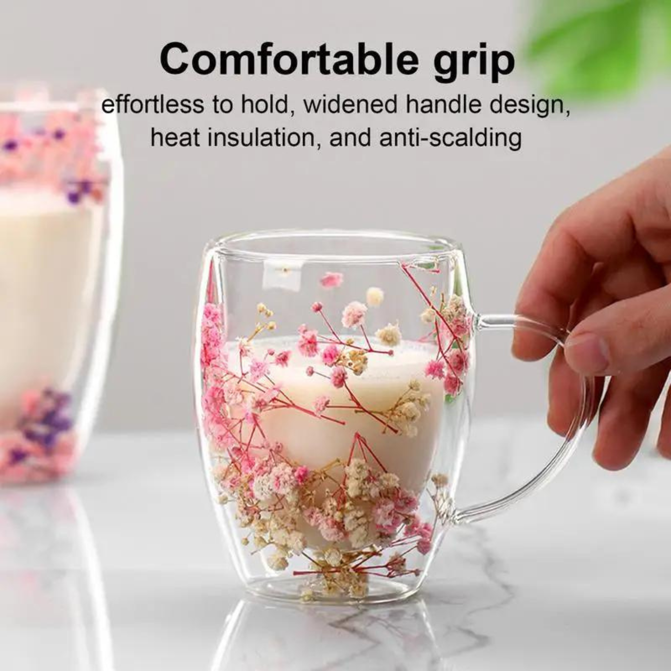 Borosilicate Double Wall Flower Coffee Cup Pink and Blue 350 ML (2 PCS Set)