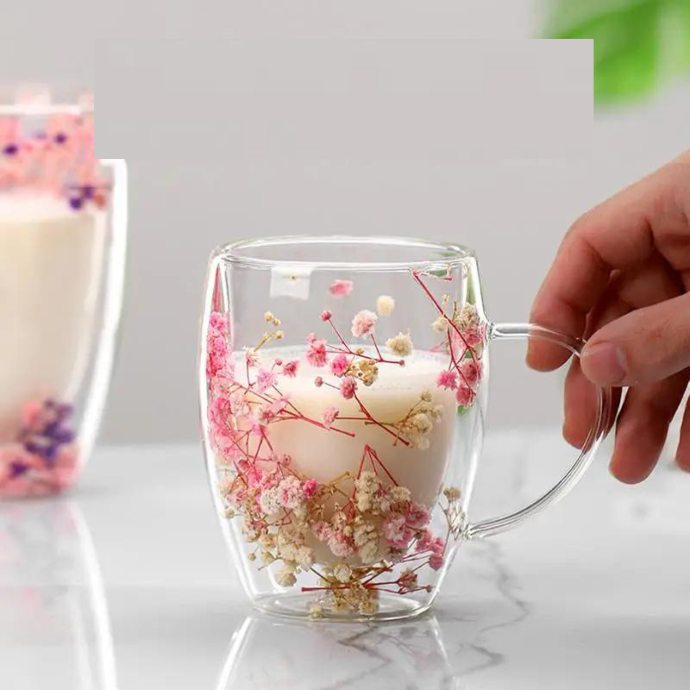 Borosilicate Double Wall Flower Coffee Cup Pink and Blue 350 ML (2 PCS Set)