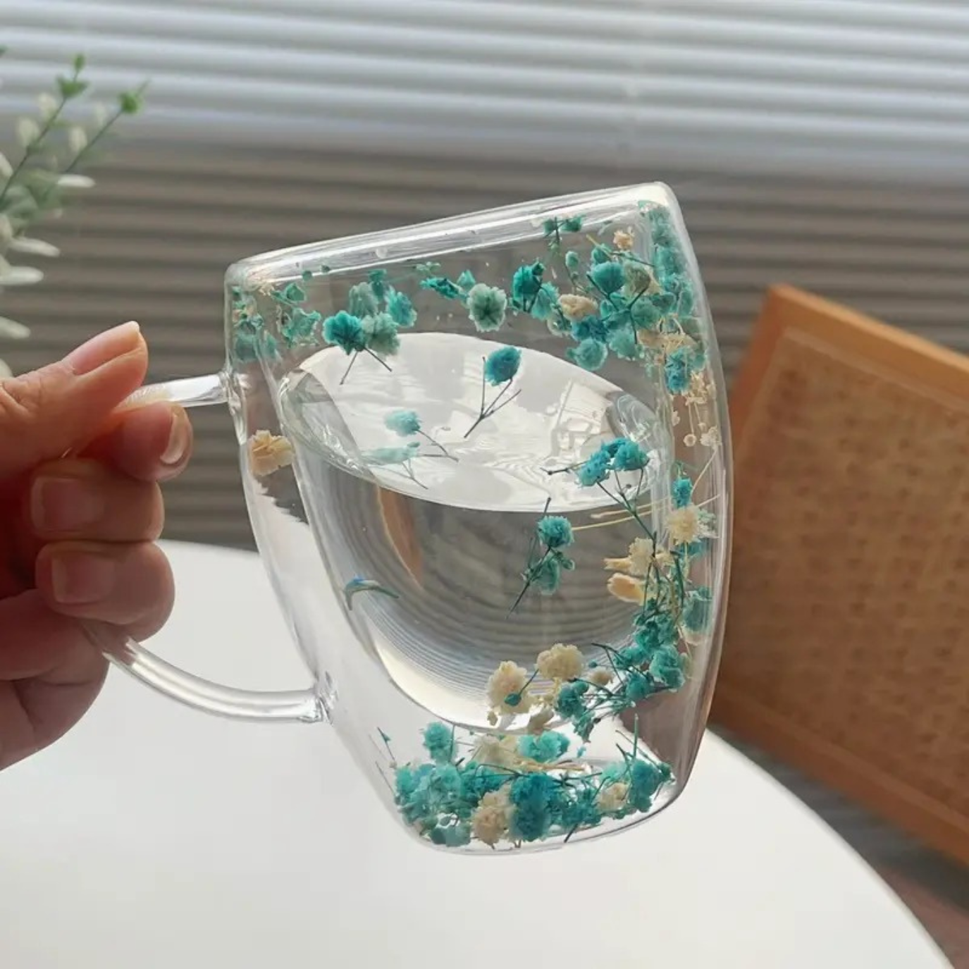 Borosilicate Double Wall Flower Coffee Cup Pink and Blue 350 ML (2 PCS Set)
