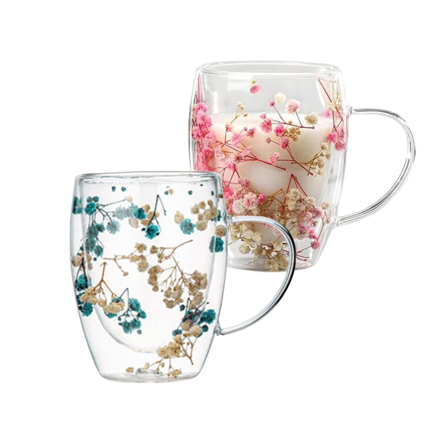 Borosilicate Double Wall Flower Coffee Cup Pink and Blue 350 ML (2 PCS Set)