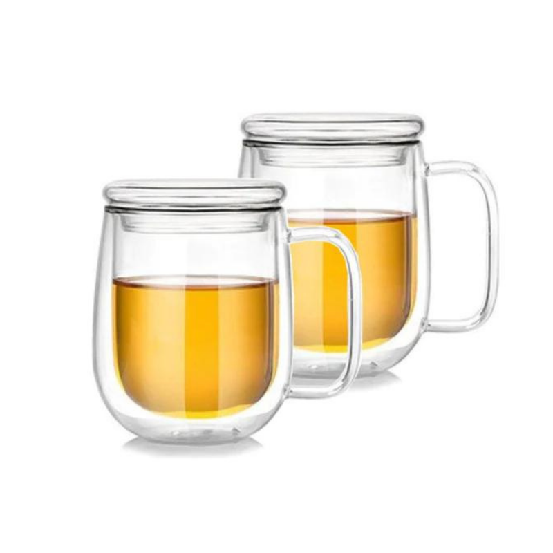 Double Wall Insulated Glass Mug With Glass Lid 350 ML (Set of 2)