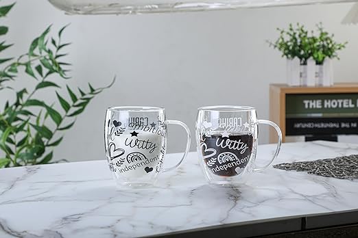 Borosilicate Double Wall Themed Coffee Cup with Handle and Straw 350 ML (Set of 2), Double Insulated Glass Cup for Hot Cold Beverages, Cappuccino (Positive Quotes)