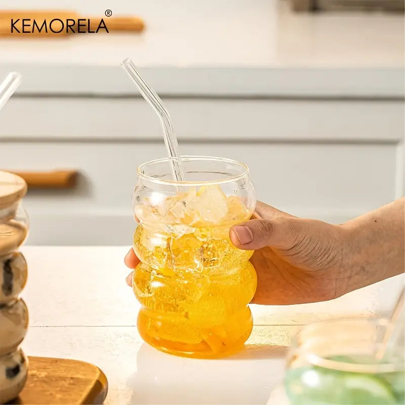 Ripple Shaped Drinking Glasses with Straws 330 ML (Set of 4) Ribbed Glassware