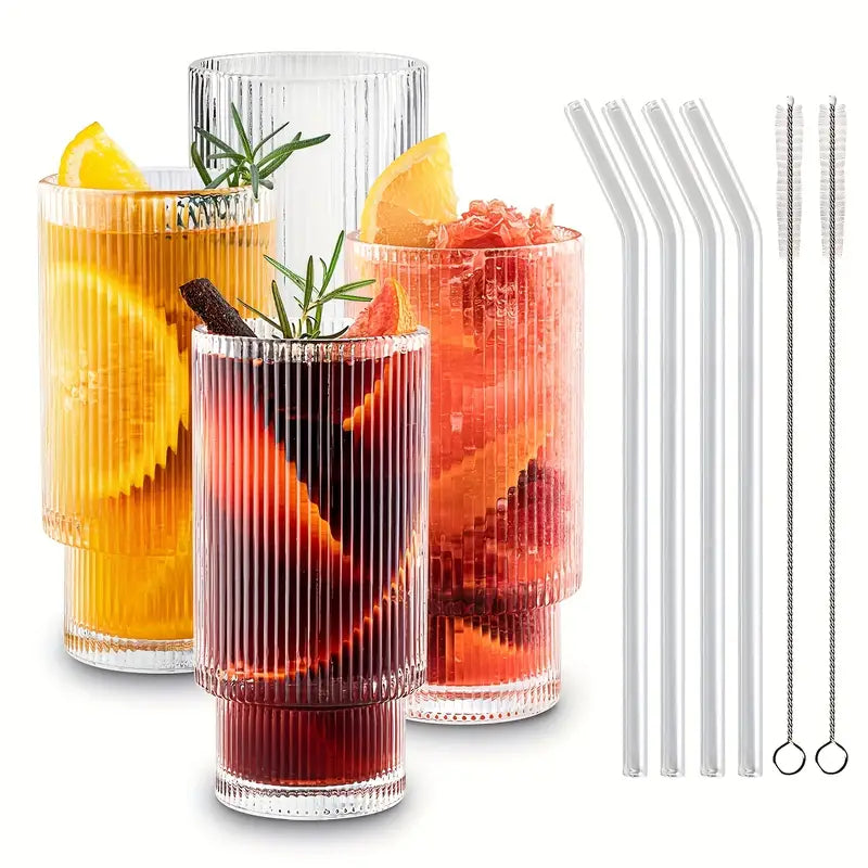 Ribbed Drinking Glasses with Glass Straws 450 ML (Set of 4), Rippled Borosilicate Glassware