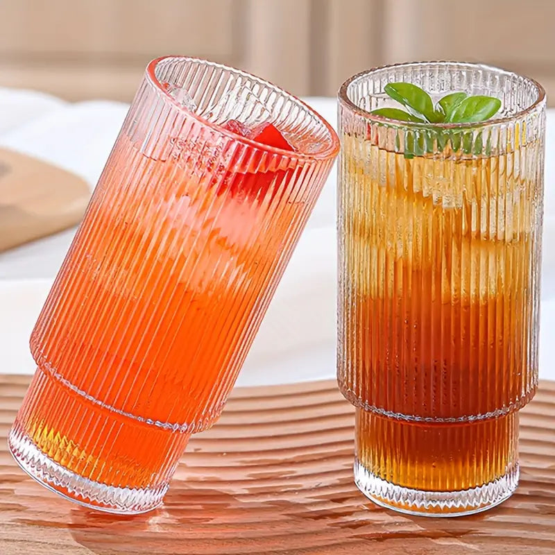 Ribbed Drinking Glasses with Glass Straws 450 ML (Set of 4), Rippled Borosilicate Glassware