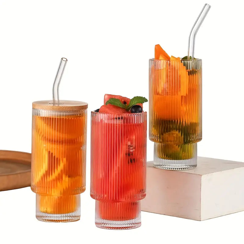 Ribbed Drinking Glasses with Glass Straws 450 ML (Set of 4), Rippled Borosilicate Glassware