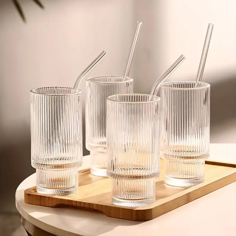 Ribbed Drinking Glasses with Glass Straws 450 ML (Set of 4), Rippled Borosilicate Glassware