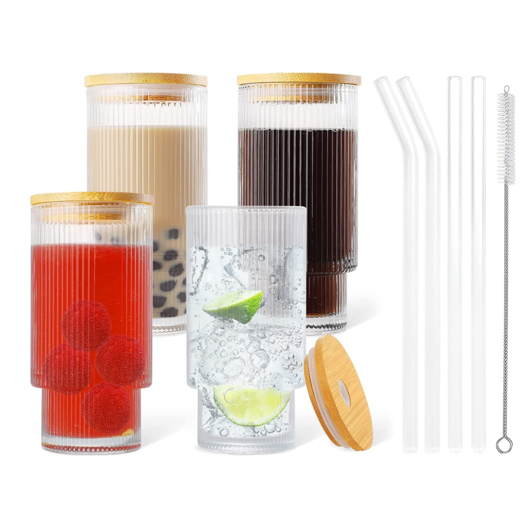 Buy Ribbed Drinking Glasses with Bamboo Lids and Glass Straws - 1CHASE –  1Chase Home