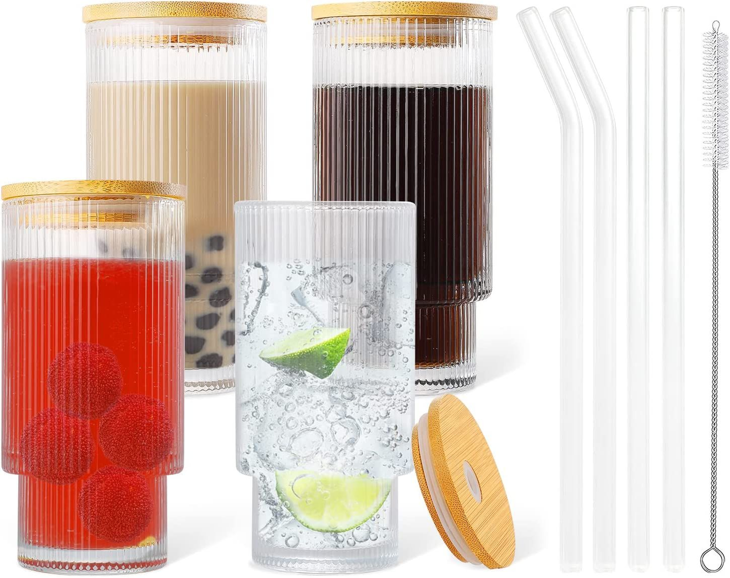 Ribbed Drinking Glasses with Glass Straws 450 ML (Set of 4), Rippled Borosilicate Glassware