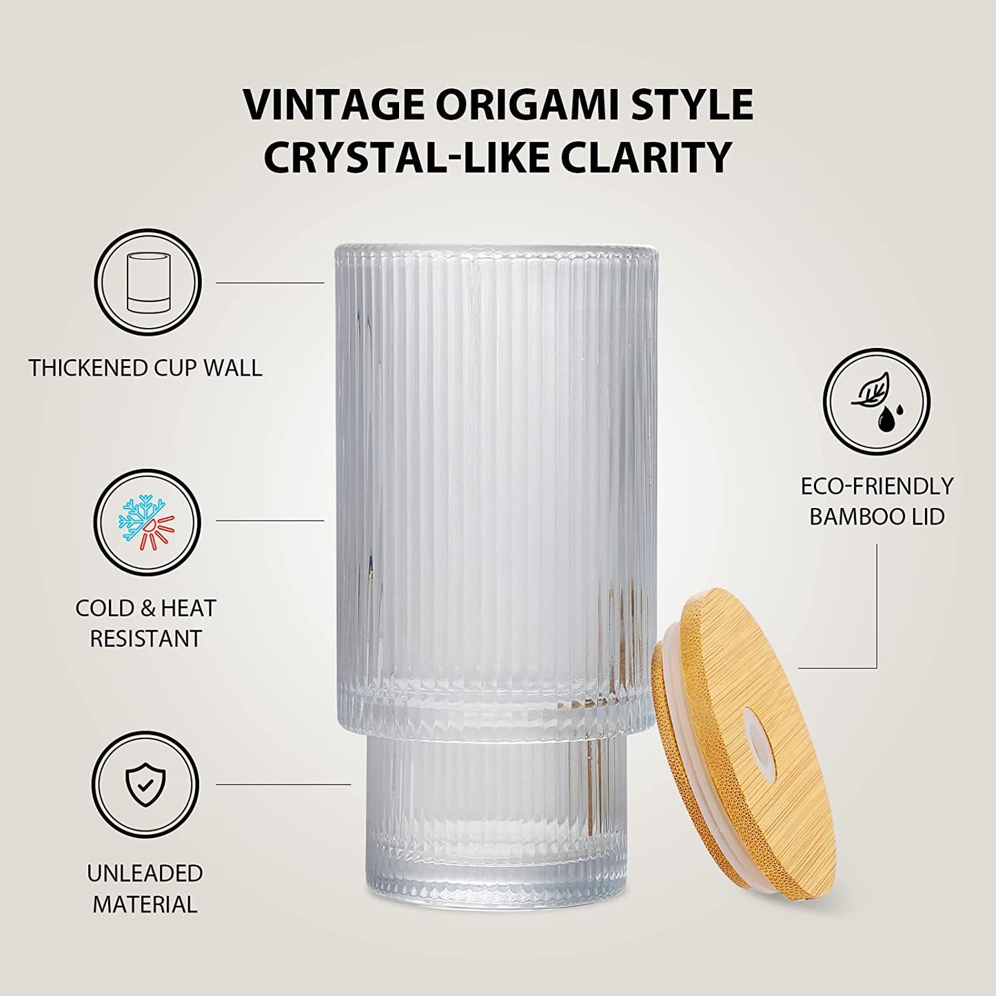 Ribbed Drinking Glasses with Bamboo Lids and Glass Straws 450 ML (Set of 4), Rippled Borosilicate Glassware