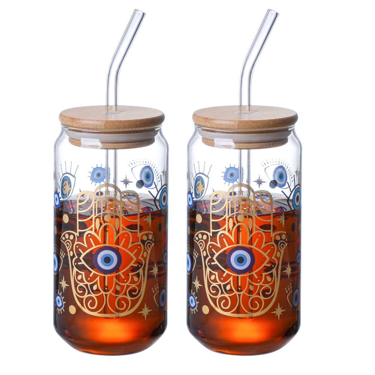 1CHASE Borosilicate Evil Eye Printed Drinking Glasses With Bamboo Lid and Glass Straw, 550ML (Set of 2), Mason Jar, Can Shaped Tumblers (Evil Eye)