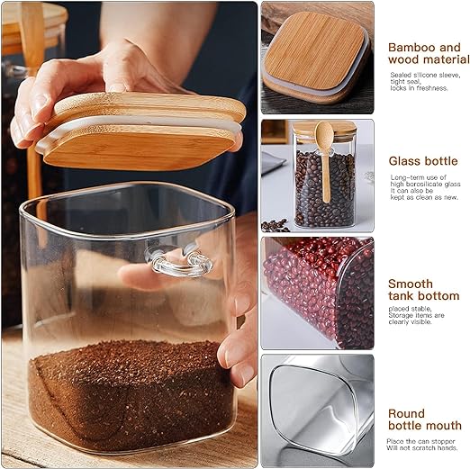 Borosilicate Glass Food Storage Jar with Bamboo Lid and Spoon 1000 ML(Set of 3)