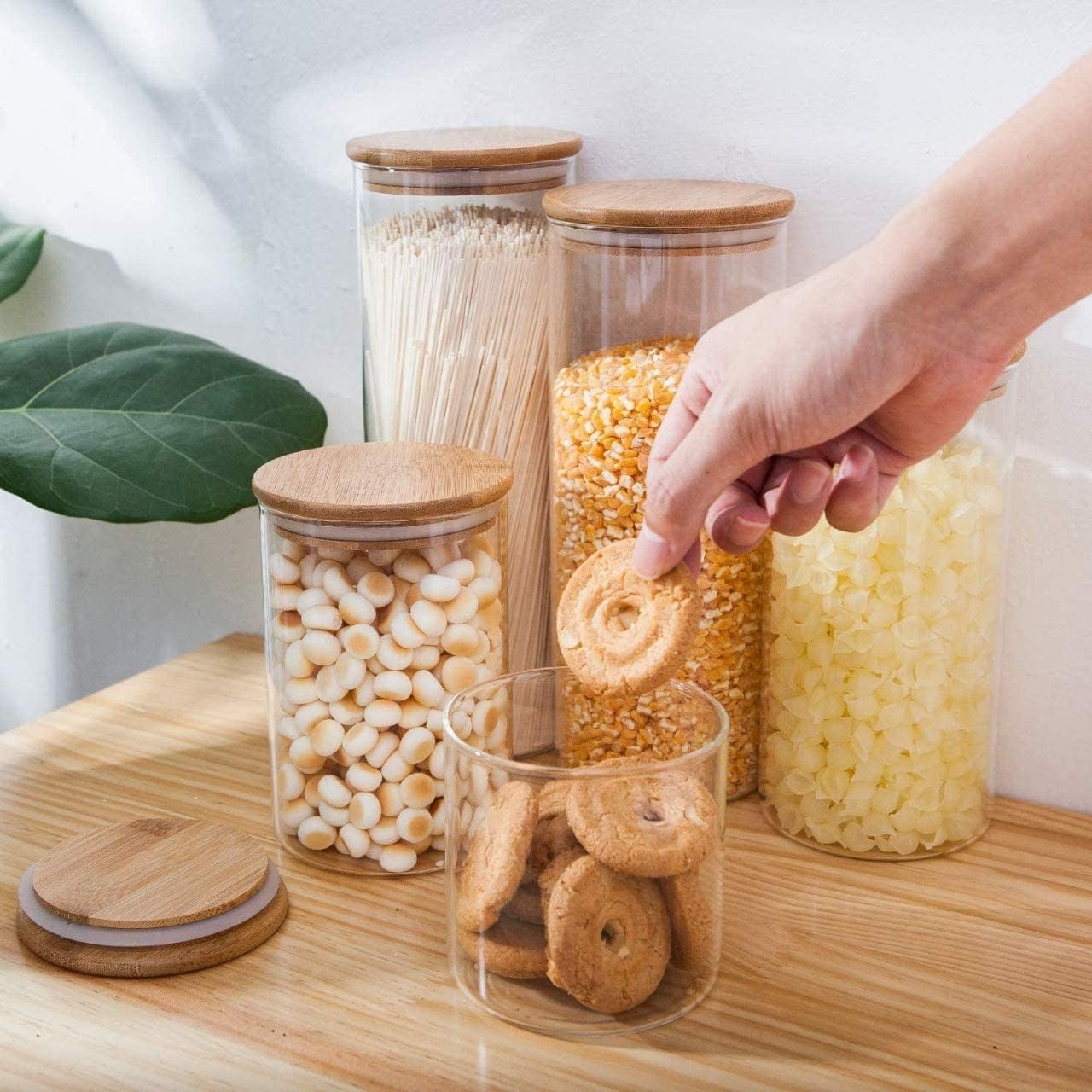 Borosilicate Round Glass Spice Jar With Airtight Bamboo Lids and Chalkboard Labels 290 ML (Pack of 10)