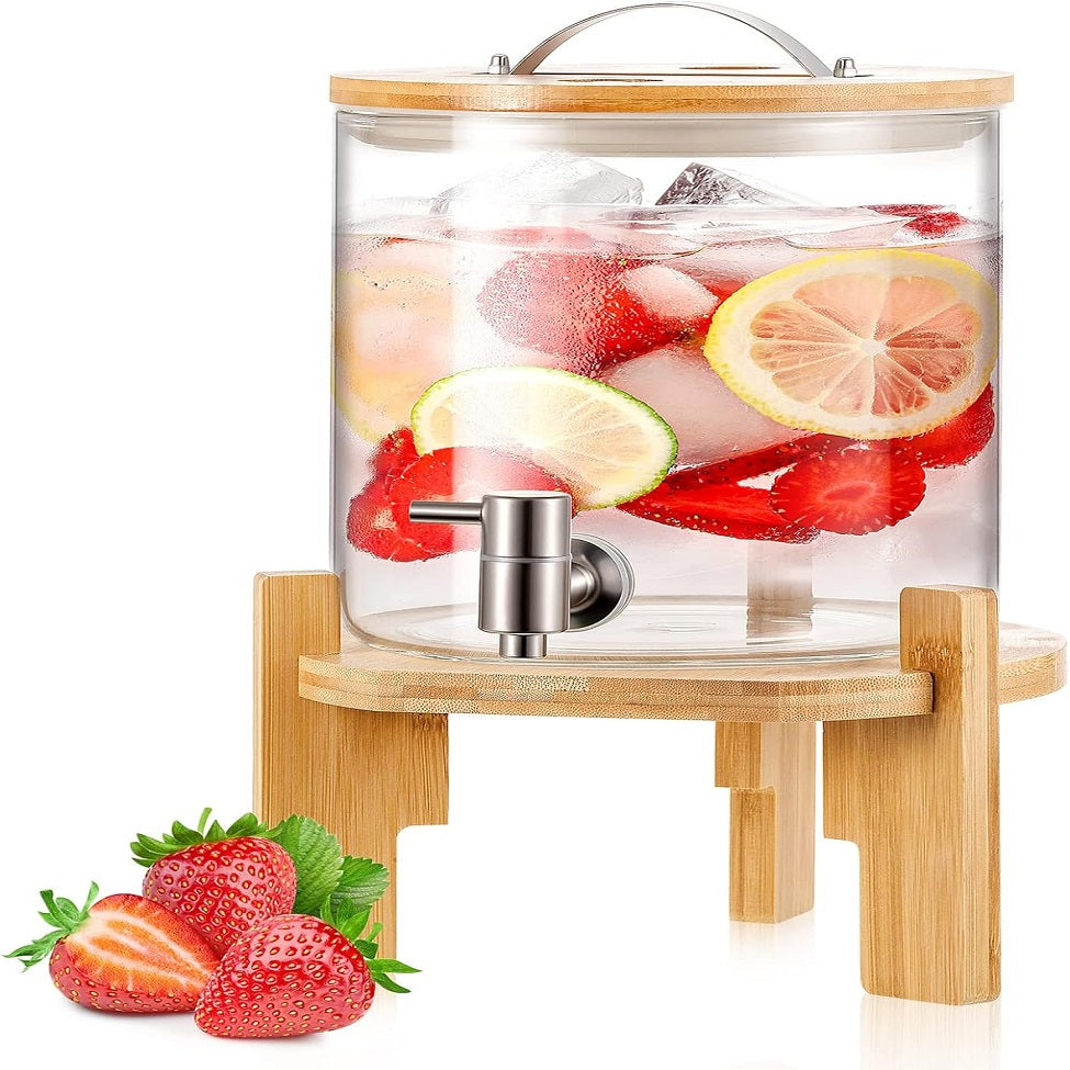 Borosilicate Glass Drink Dispenser with Spigot and Wooden Stand