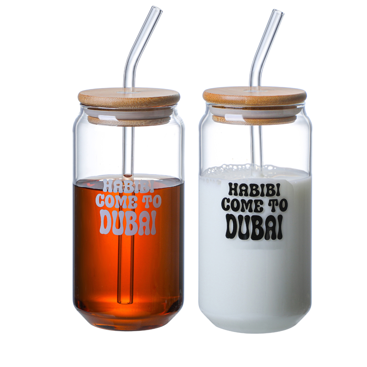 1CHASE Borosilicate Habibi Come to Dubai Themed Drinking Glasses With Bamboo Lid and Glass Straw, 550ML (Set of 2), Mason Jar, Can Shaped Tumblers (Habibi Come to Dubai)