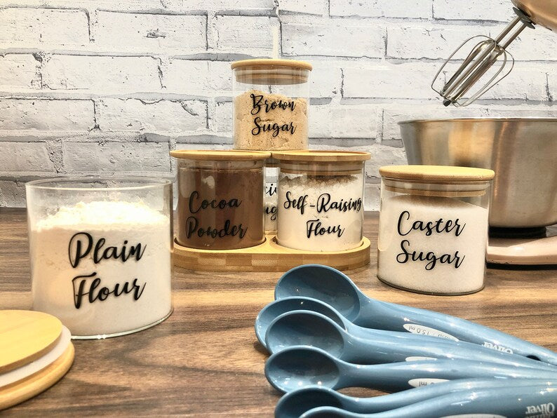 Borosilicate Glass Food Storage Jars with Bamboo Lids and Wooden Base (Set of 6 of 16oz)