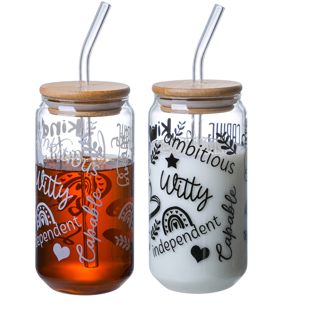 1CHASE Borosilicate Positive Quotes Themed Drinking Glasses With Bamboo Lid and Glass Straw, 550ML (Set of 2), Mason Jar, Can Shaped Tumblers (Positive Quotes)