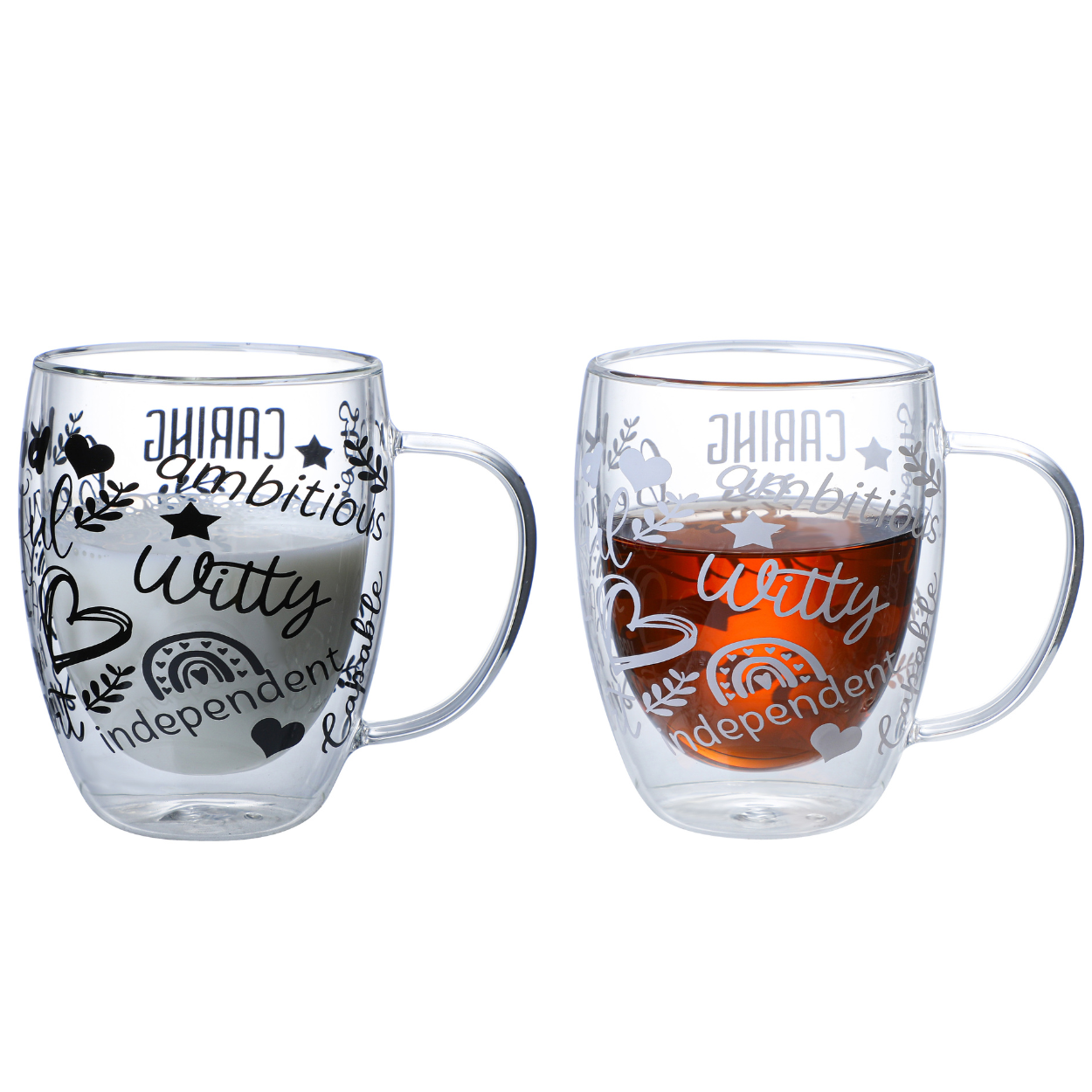 Borosilicate Double Wall Themed Coffee Cup with Handle and Straw 350 ML (Set of 2), Double Insulated Glass Cup for Hot Cold Beverages, Cappuccino (Positive Quotes)