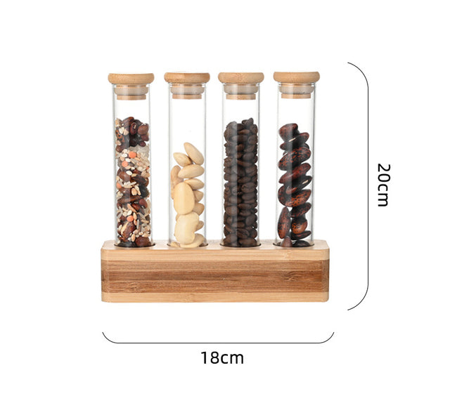 Borosilicate Glass Storage Tube With Bamboo Lid and Wooden Base 100 ML ( Set of 4 )