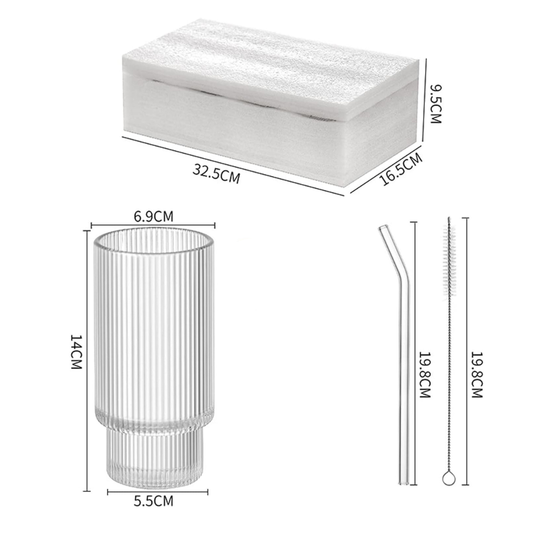 Ribbed Drinking Glasses with Glass Straws 450 ML (Set of 4), Rippled Borosilicate Glassware