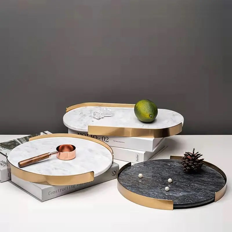 Natural Marble Tray White with Gold Edge - Vanity Trinket Tray, Decorative Tray for Bedroom