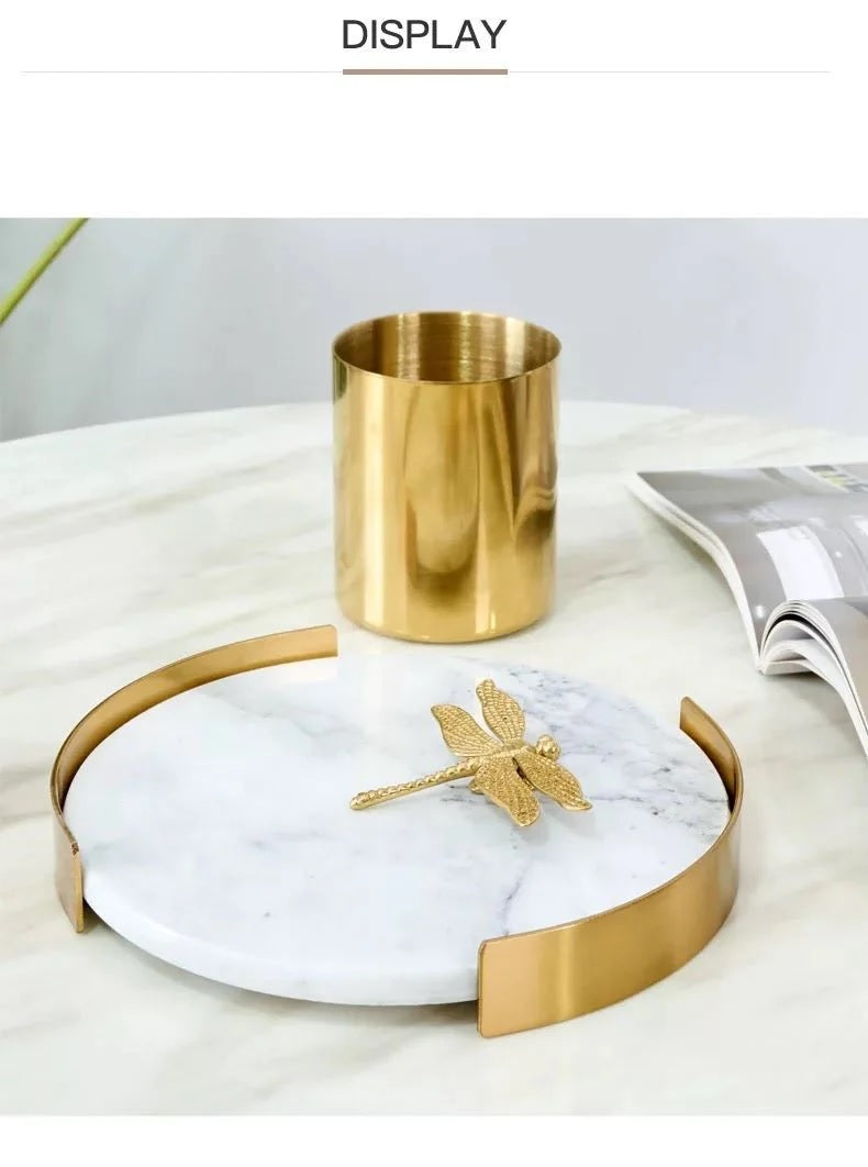 Natural Marble Tray White with Gold Edge - Vanity Trinket Tray, Decorative Tray for Bedroom