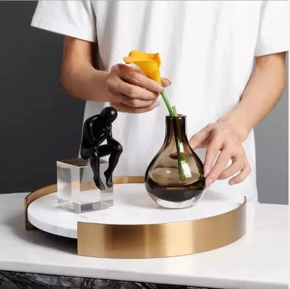 Natural Marble Tray White with Gold Edge - Vanity Trinket Tray, Decorative Tray for Bedroom