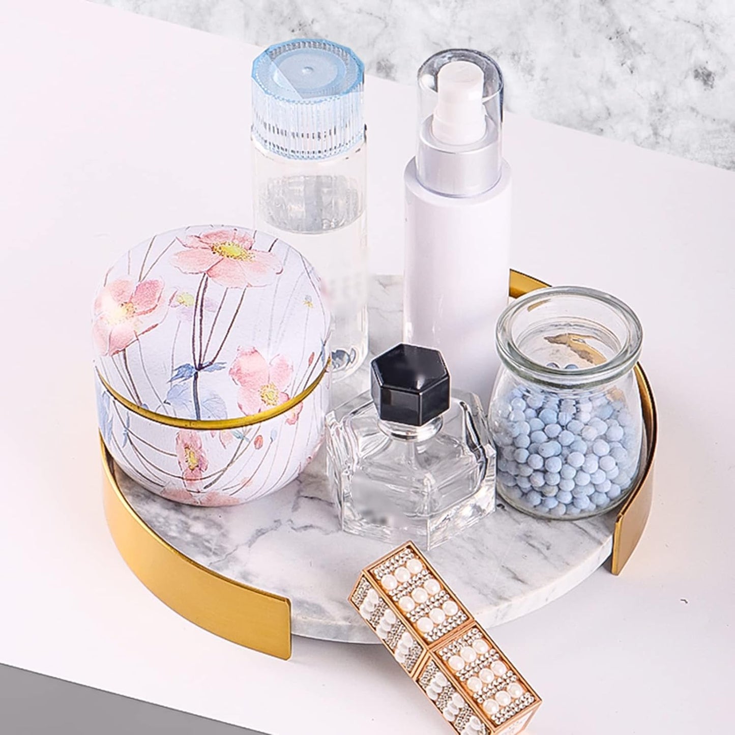 Natural Marble Tray White with Gold Edge - Vanity Trinket Tray, Decorative Tray for Bedroom