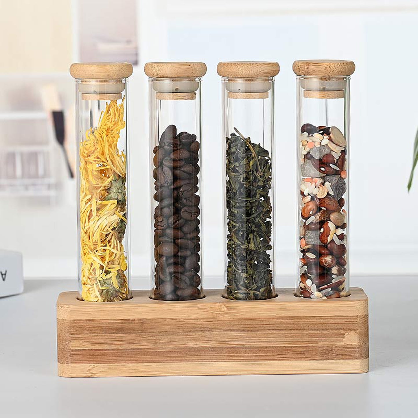 Borosilicate Glass Storage Tube With Bamboo Lid and Wooden Base 100 ML ( Set of 4 )