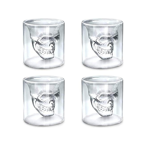 Skull Wine Glass, Double Layers Transparent Crystal Head Glass Tea Cup 4 PCS Set