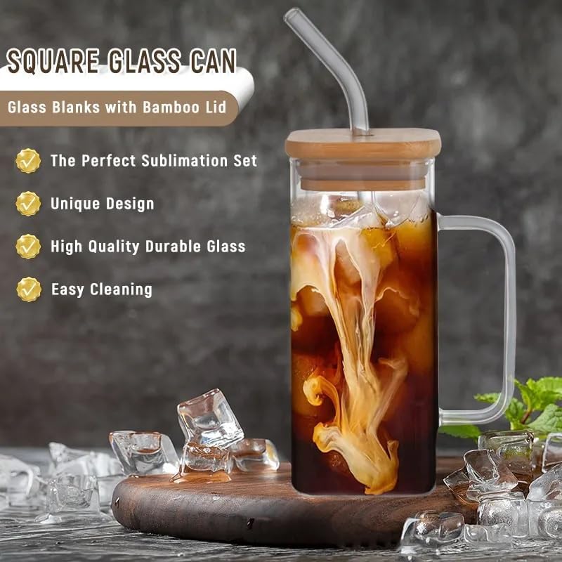 Borosilicate Square Drinking Glasses With Bamboo Lid, Glass Straw and Handle 320 ML (Pack of 2)