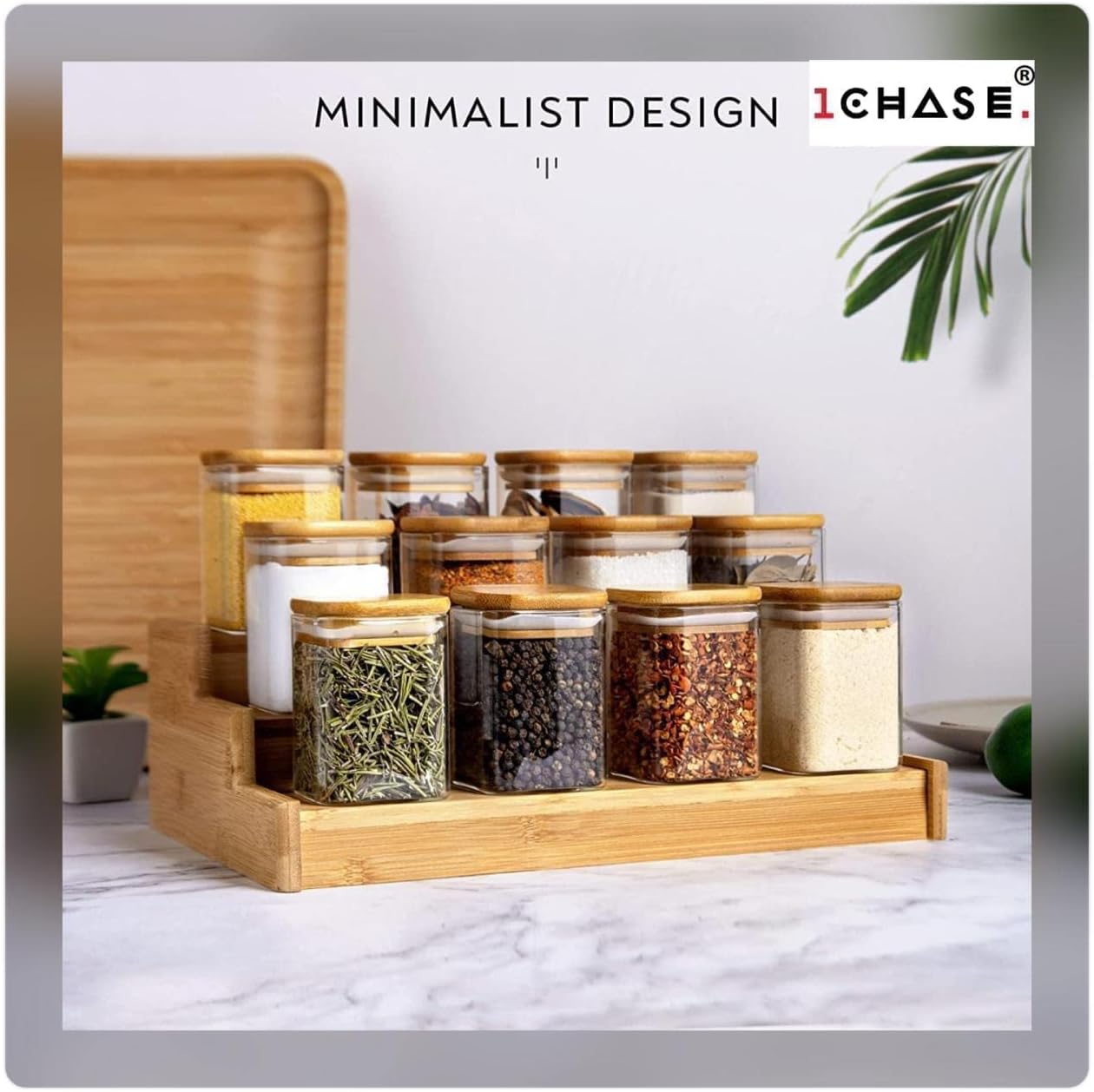 Borosilicate Square Glass Storage Jars with Bamboo Lid and Chalkboard Labels 200 ML (Pack of 10)