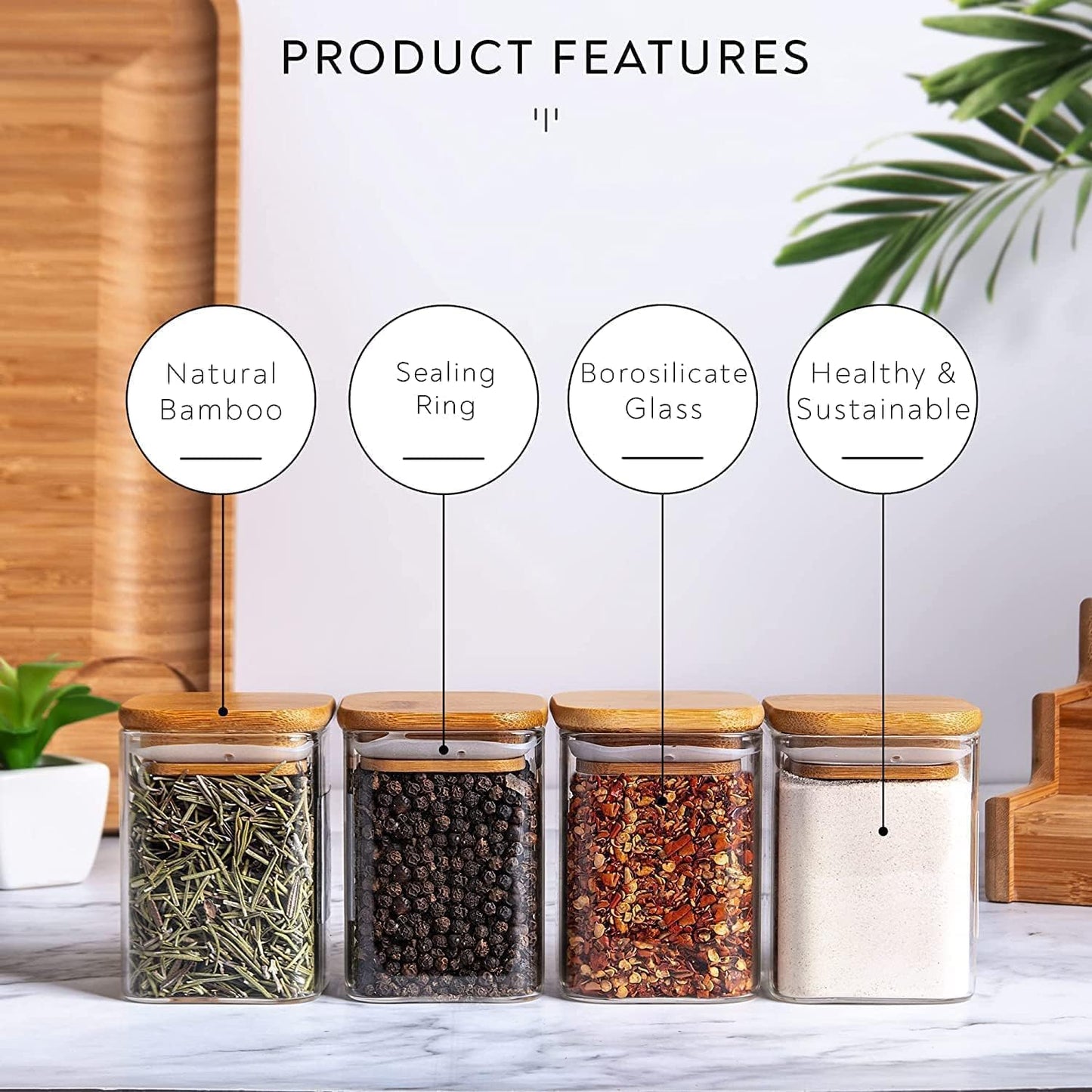 Borosilicate Square Glass Storage Jars with Bamboo Lid and Chalkboard Labels 200 ML (Pack of 10)