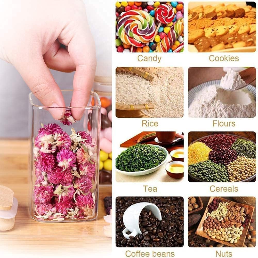 Borosilicate Square Glass Storage Jars with Bamboo Lid and Chalkboard Labels 200 ML (Pack of 10)