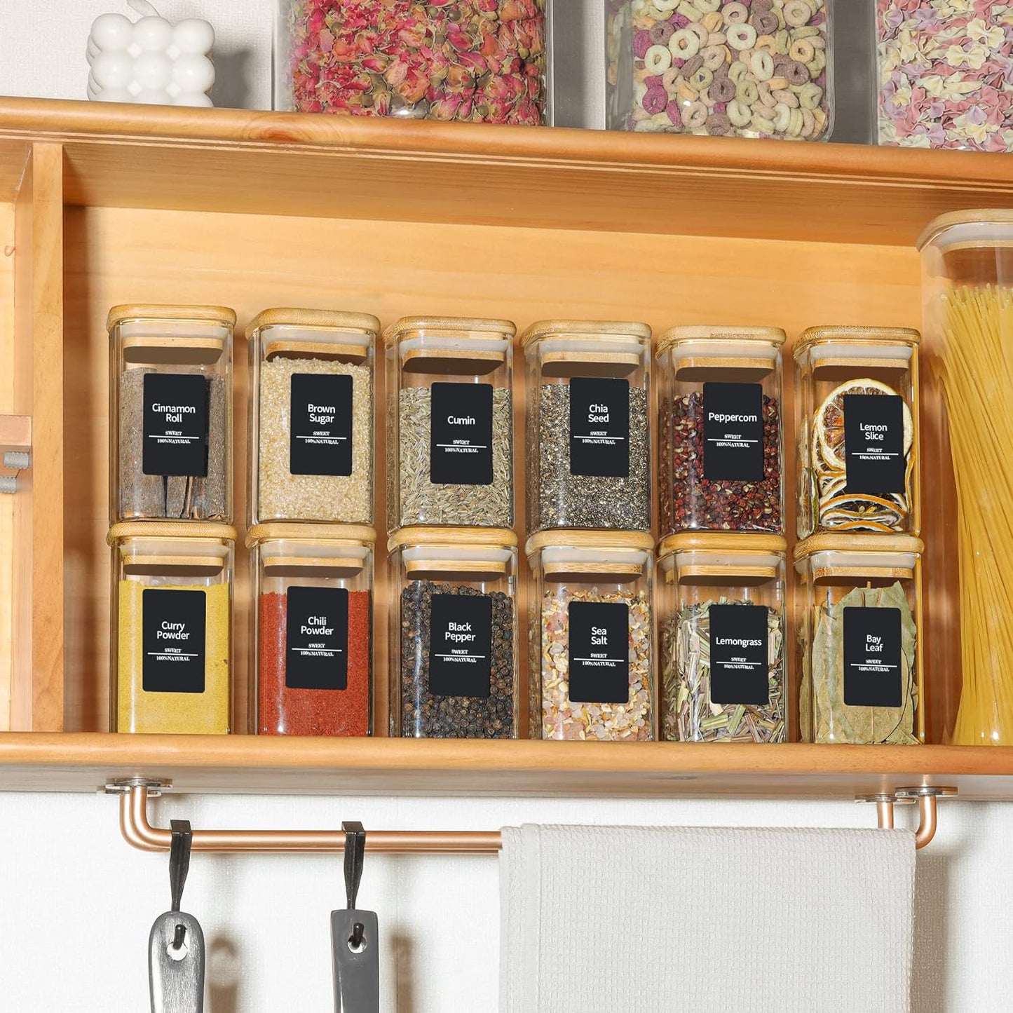 Borosilicate Square Glass Storage Jars with Bamboo Lid and Chalkboard Labels 200 ML (Pack of 10)
