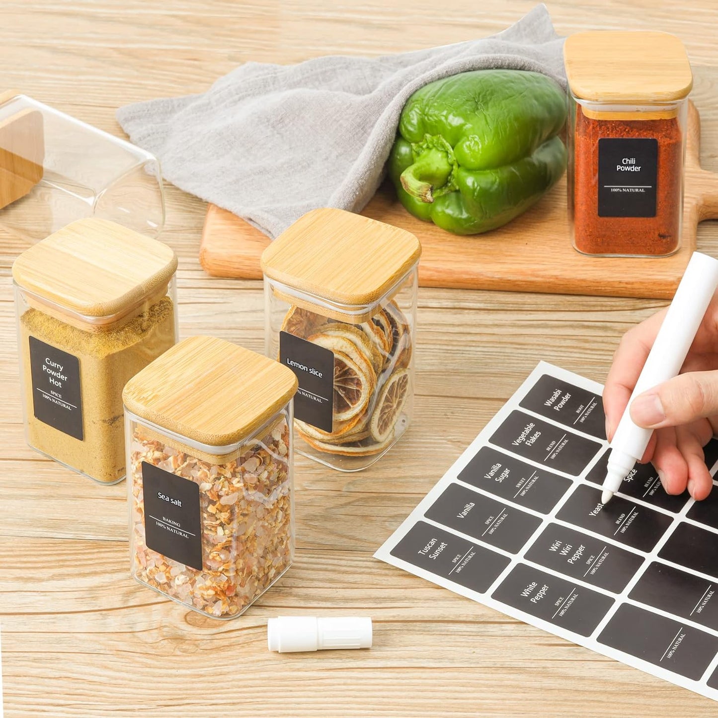 Borosilicate Square Glass Storage Jars with Bamboo Lid and Chalkboard Labels 200 ML (Pack of 10)